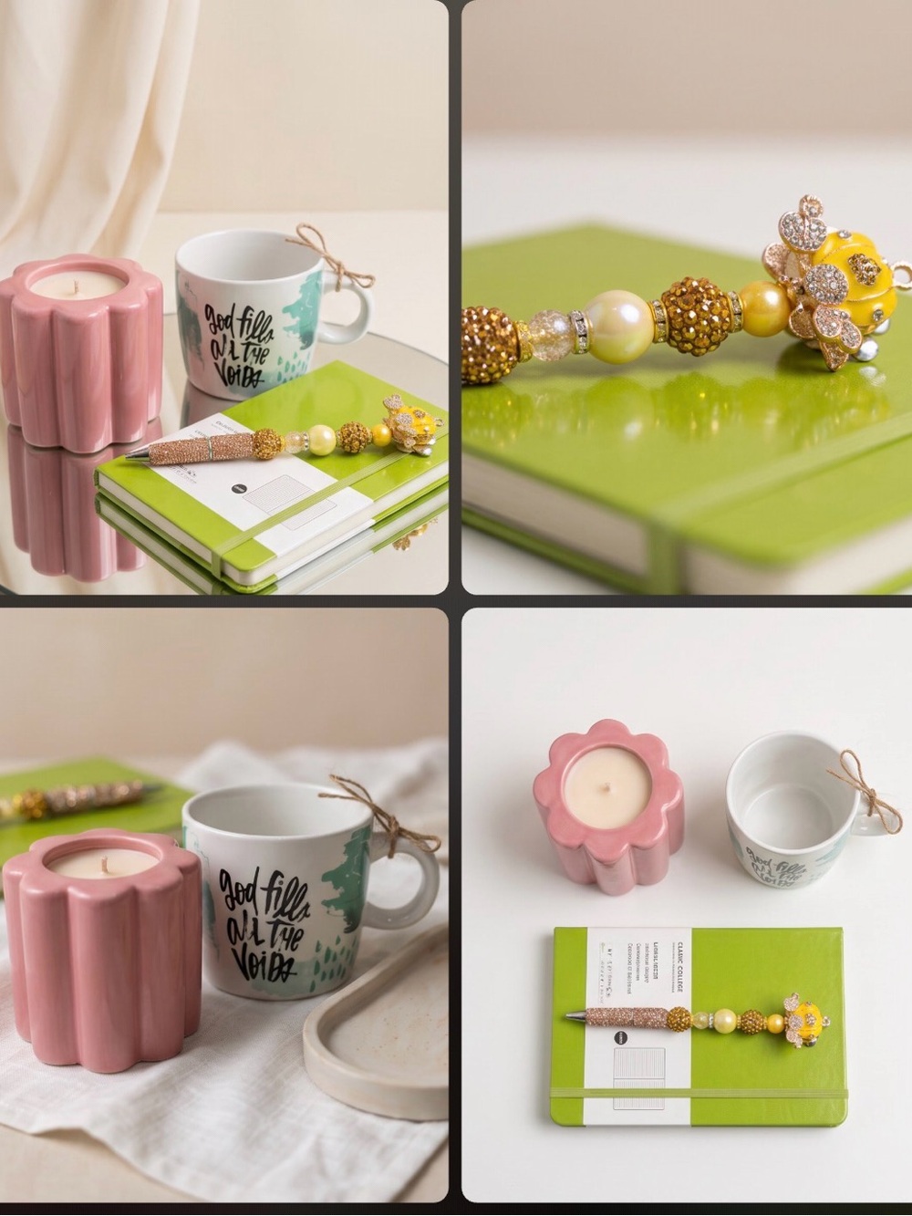 Pink Floral Candle Holder, Green Notebook & Decorative Beaded Pen Set & mug NWT